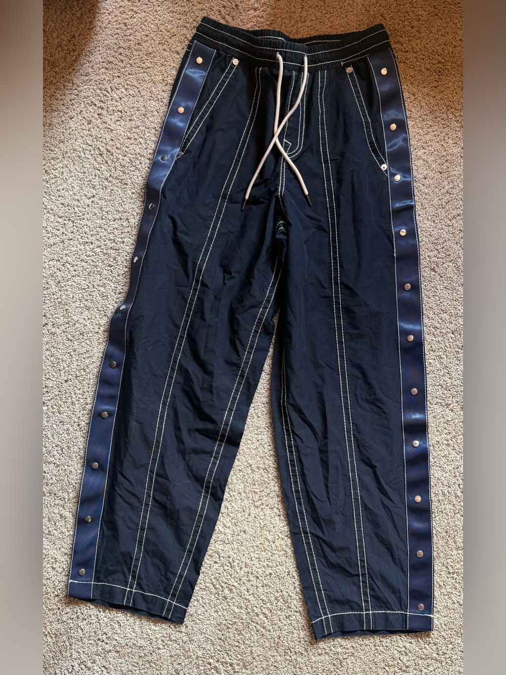 LAST CHANCE! NWOT True Religion Navy Wide Leg Snap Track Pants with White Stitch